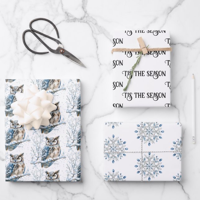 Feuille De Papier Cadeau Winter Snowflakes Blue Owl Christmas Snow (Recto)