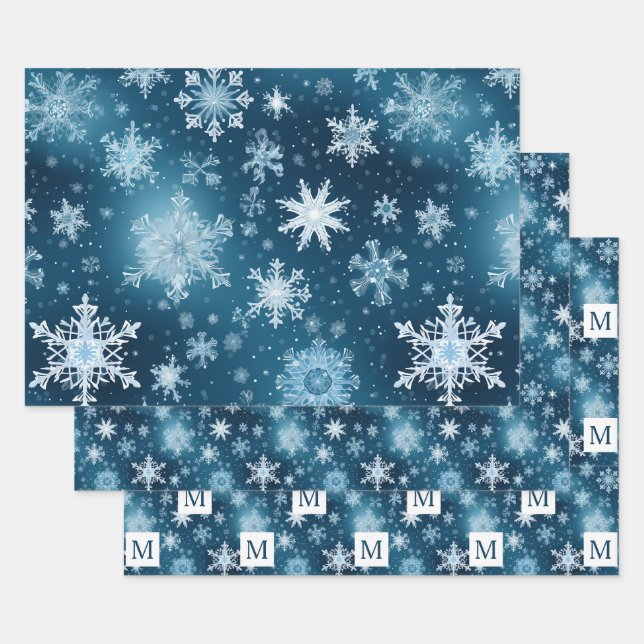 Feuille De Papier Cadeau Wonderland Snowflakes Snowfall Blue White (Lot)
