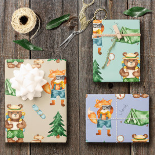 Feuille De Papier Cadeau Woodland Camping Animaux Enfants Motif d'aquarelle