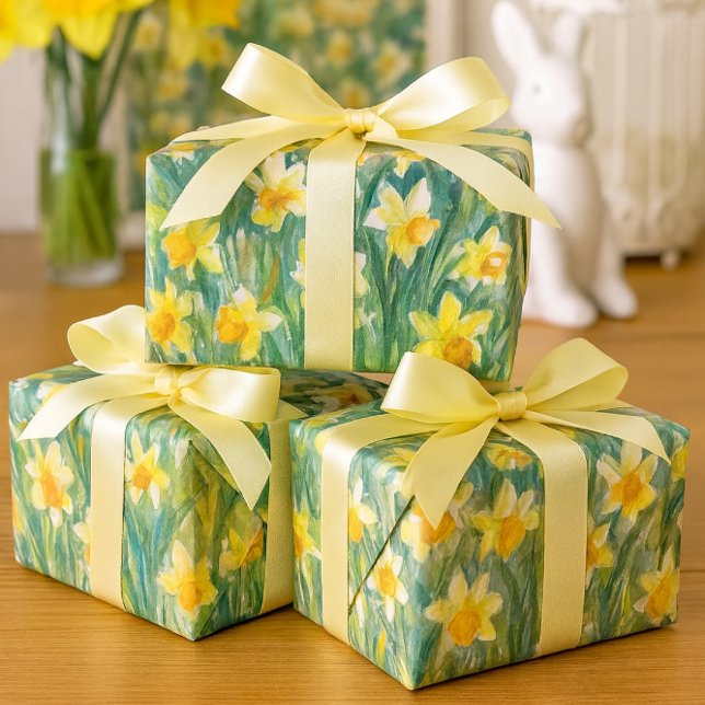 Feuille De Papier Cadeau Woodland Daffodils & Redbud Blossoms Watercolor  (Spring joy, wrapped and ready! Celebrate the season with cheerful daffodil wrapped gifts )