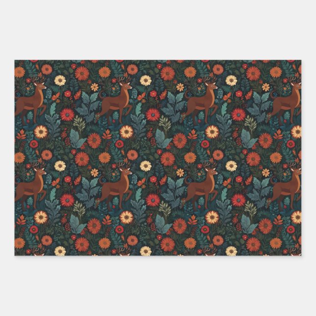 Feuille De Papier Cadeau Woodland Deer and Flowers Holiday Gift Wrap (Devant)