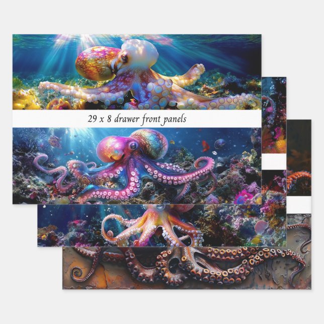 Feuille De Papier Cadeau Wrapping Paper Decoupage Sea World Octopus Drawers (Lot)