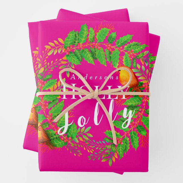 Feuille De Papier Cadeau Wreath Holly Jolly Family Hot Rose (En situation)