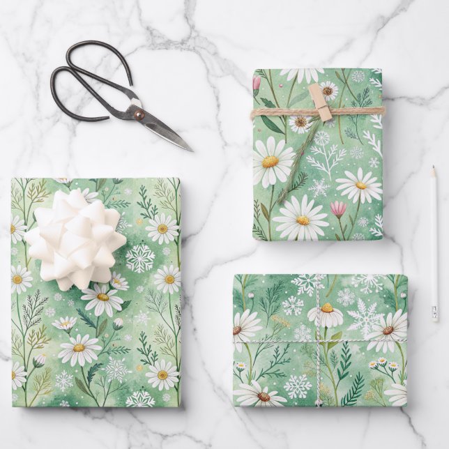 Feuille De Papier Cadeau Xmas Daisy Flowers Winter Pattern (Recto)