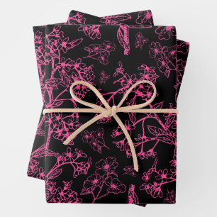 Feuille De Papier Cadeau Y2K Hot rose et Black Vintage Botanique moderne