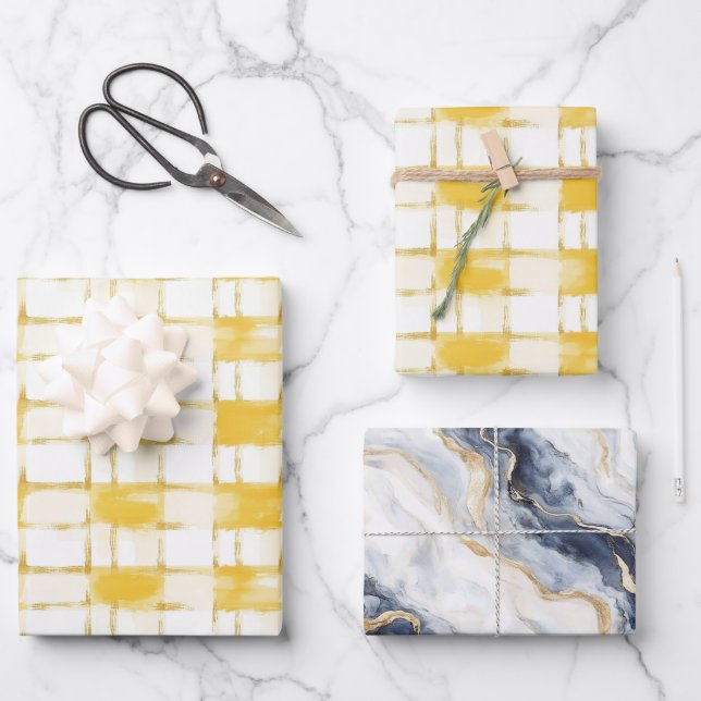 Feuille De Papier Cadeau Yellow White Plaid Stripes Blue White Birthday (Recto)