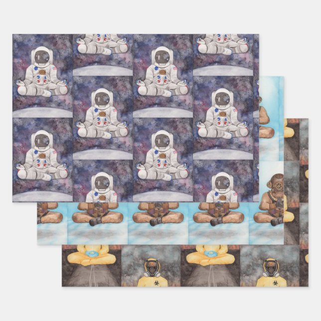 Feuille De Papier Cadeau Yoga Pose Astronaut 3 Aquarelles originales (Lot)