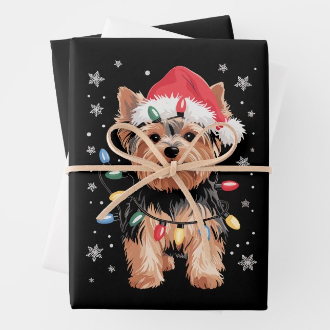 Feuille De Papier Cadeau Yorkie Christmas Chien Long Noël Cadeau (En situation)