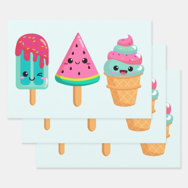 Feuille De Papier Cadeau Yummy Ice Cream Trio Vibe été (Lot)