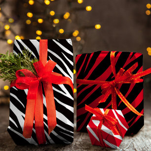Feuille De Papier Cadeau Zebra Print mignon moderne rouge blanc noir Noël