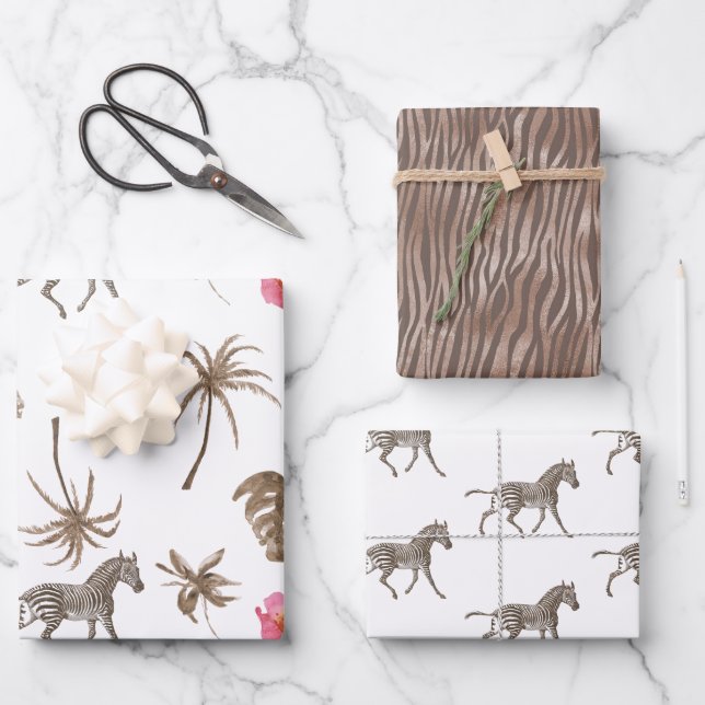 Feuille De Papier Cadeau Zèbre Brown rose Tropical Floral Palmiers (Recto)