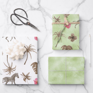 Feuille De Papier Cadeau Zèbre Brown rose Tropical Floral Palmiers