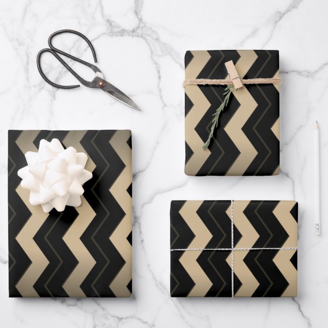 Feuille De Papier Cadeau Zigzag tan et noir  (Recto)