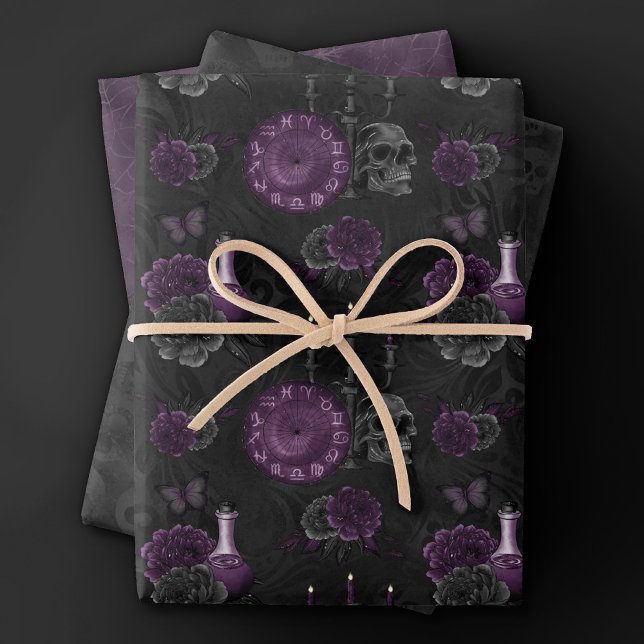 Feuille De Papier Cadeau Zodiac Magie | Plum violet foncé Roses de crâne go (Créateur téléchargé)