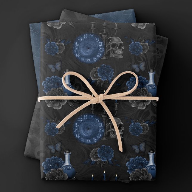 Feuille De Papier Cadeau Zodiaque magic | Dark Navy Blue Gothic Skull (Créateur téléchargé)