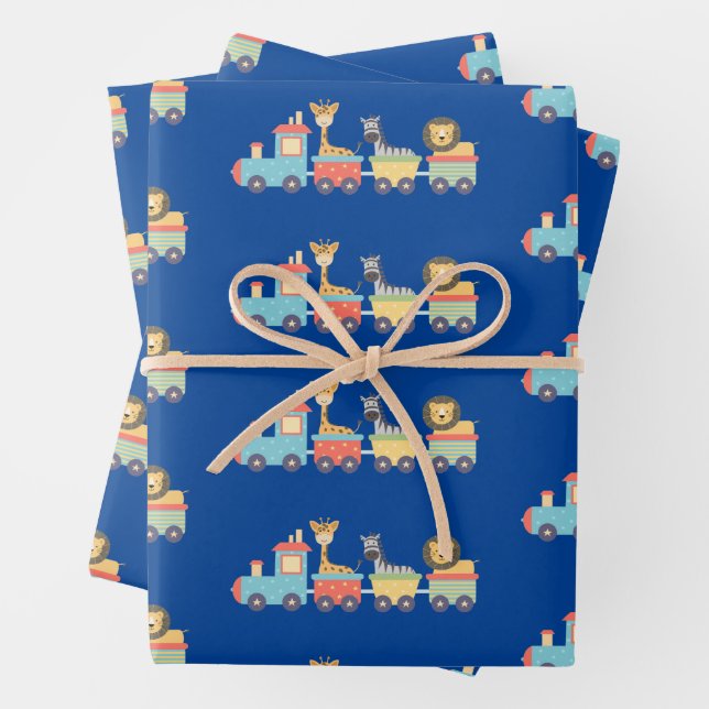 Feuille De Papier Cadeau Zoo mignon Animaux sur Toy Train Lion Giraffe Zebr (En situation)