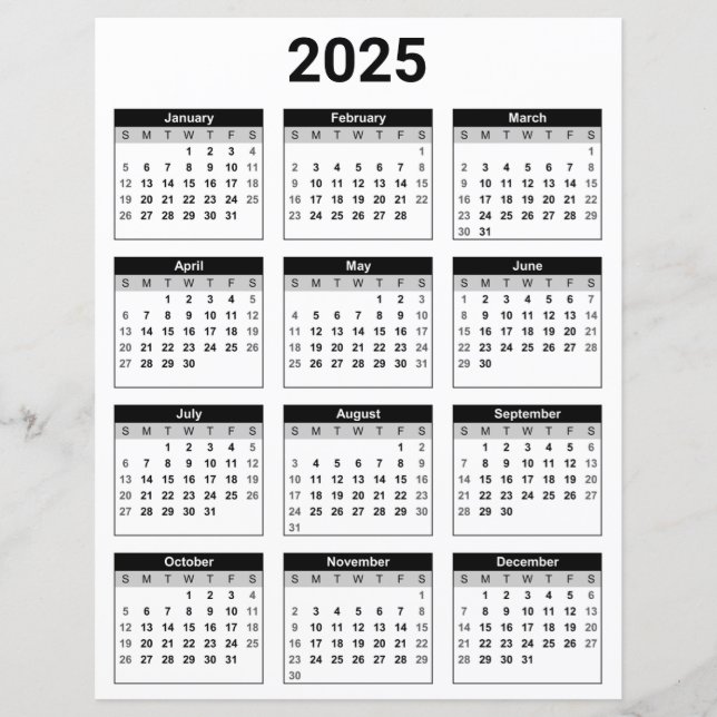 Feuille de papier calendrier annuel 2025 noir et b (Devant)