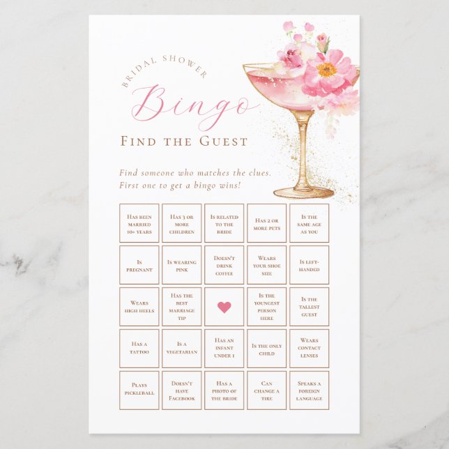 Feuille de papier de bingo de douche de mariée flo (Devant)