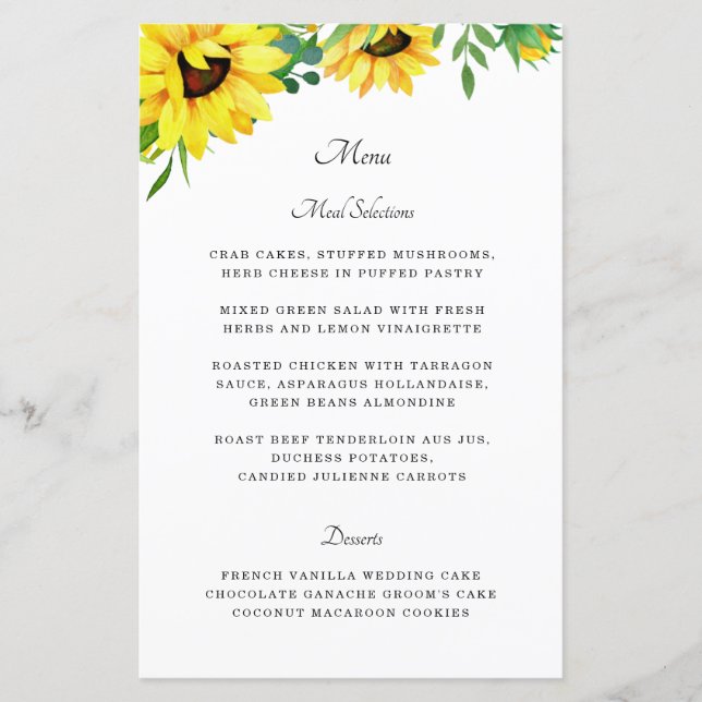 Feuille de papier de menu de mariage rustique tour (Devant)