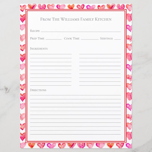 Feuille de papier de recette à motif cœurs rose et (Devant)