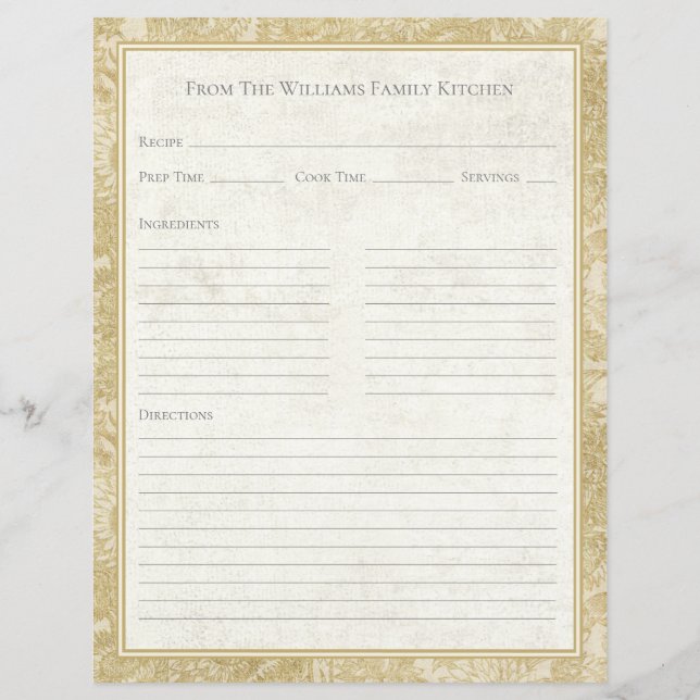 Feuille de papier de recette en toile de tan vinta (Devant)