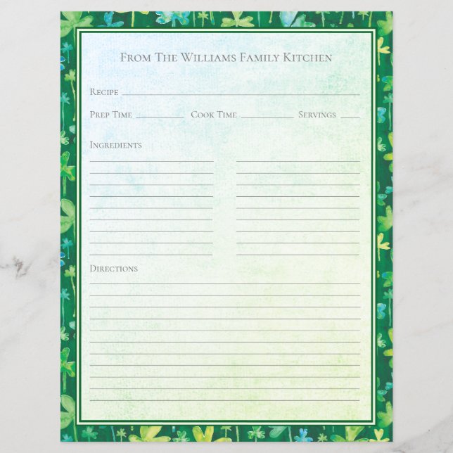 Feuille de papier de recette verte aux trèfles de  (Devant)