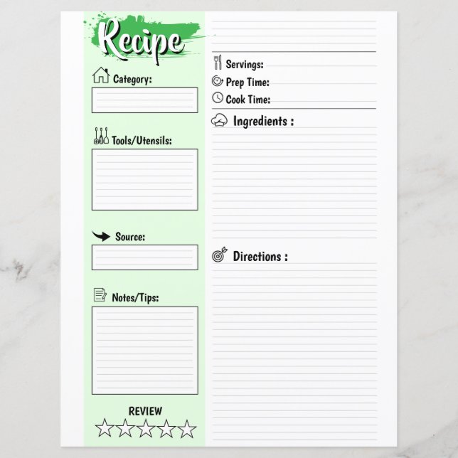 Feuille de papier de recette vierge modifiable à r (Devant)