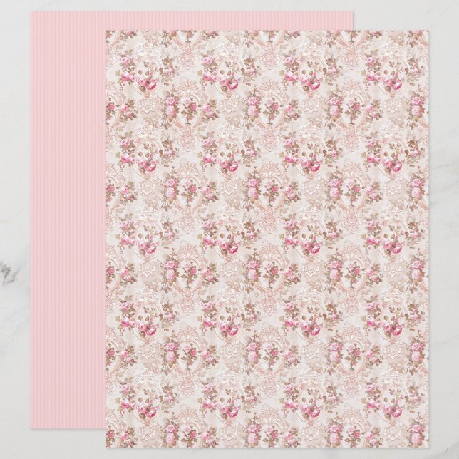 Feuille de papier floral rose coquette vintage (Devant / Derrière)