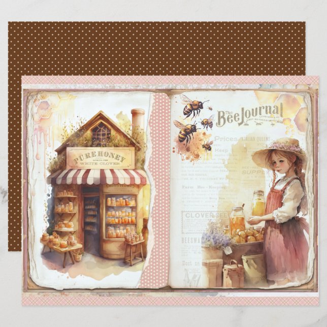 Feuille de papier journal abeille miel vintage (Devant / Derrière)