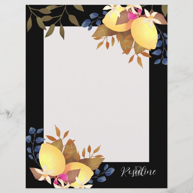 Feuille de papier noir au monogramme chic citron (Devant)