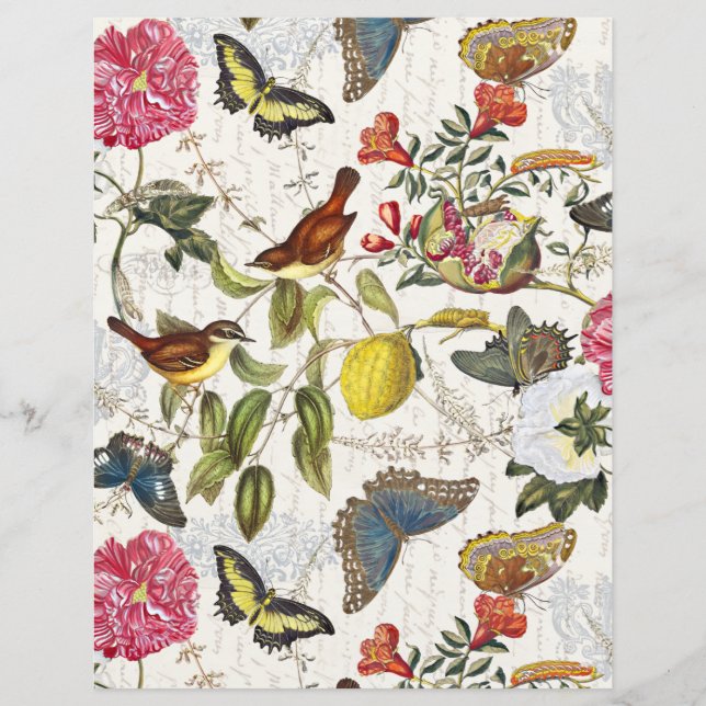 Feuille de papier papillons botaniques vintage (Devant)