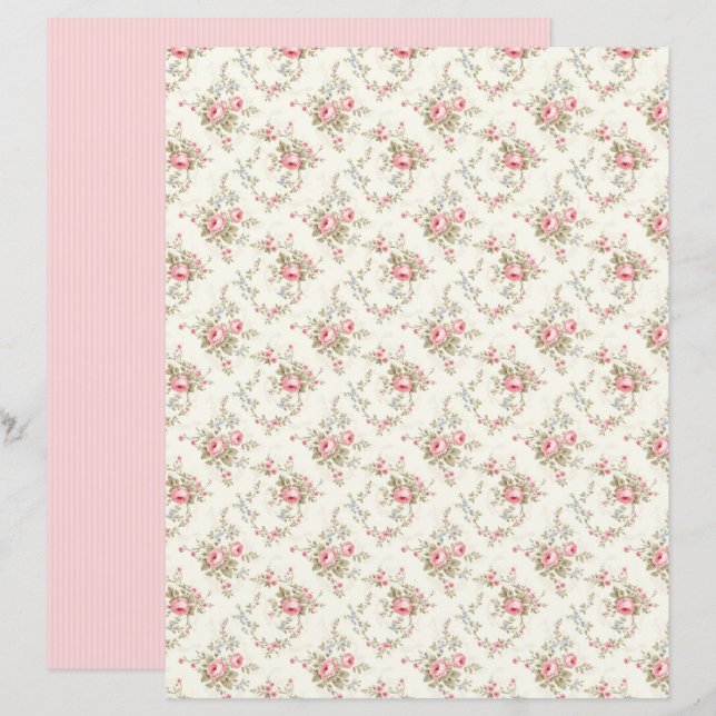 Feuille de papier pour scrapbook floral rose coque (Devant / Derrière)