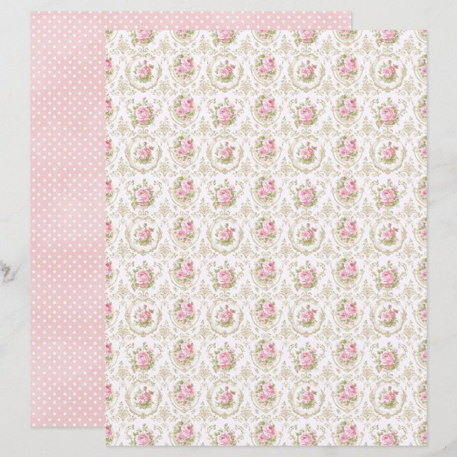 Feuille de papier scrapbook floral rose Coquette V (Devant / Derrière)