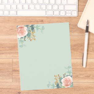 Feuille de papier vert sauge or rose floral