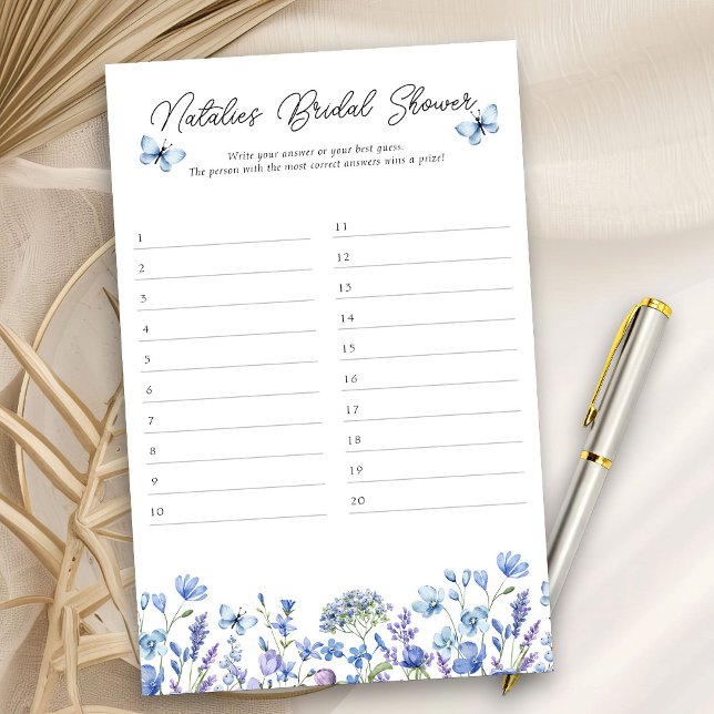 Feuille de réponses pour jeu de Baby Shower Fleur  (Bridal Shower game cards for answers to your diy quiz - Blue Wildflower Bridal Shower Collection)