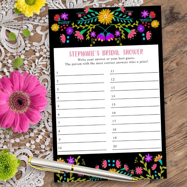 Feuille de réponses pour jeu de douche florale Fie (Bridal Shower Game answer card from my Mexican Fiesta Floral collection)