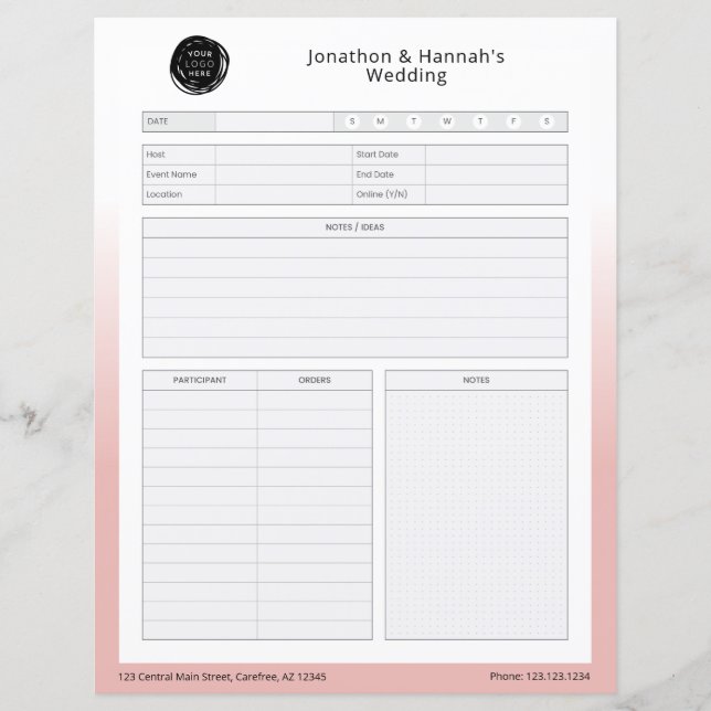 Feuille de travail pour la planification d'événeme (Devant)