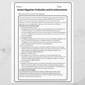 Feuille de travail sur la civilisation égyptienne