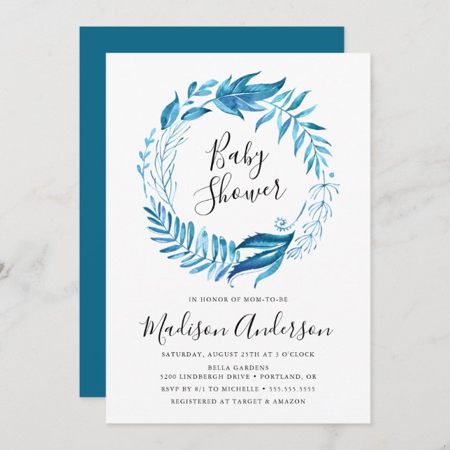 Feuille d'Indigo | Invitation au Baby shower de co (Devant / Derrière)