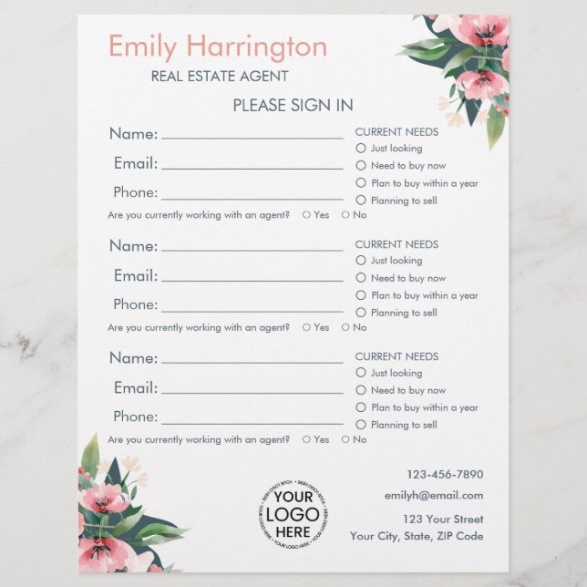Feuille d'inscription Blush Bloom grise pour agent (Devant)