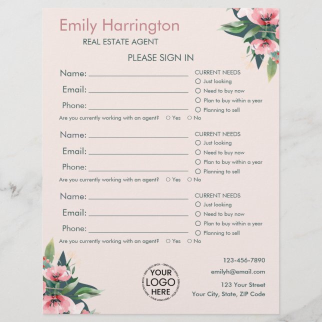 Feuille d'inscription Blush Bloom pour agent immob (Devant)