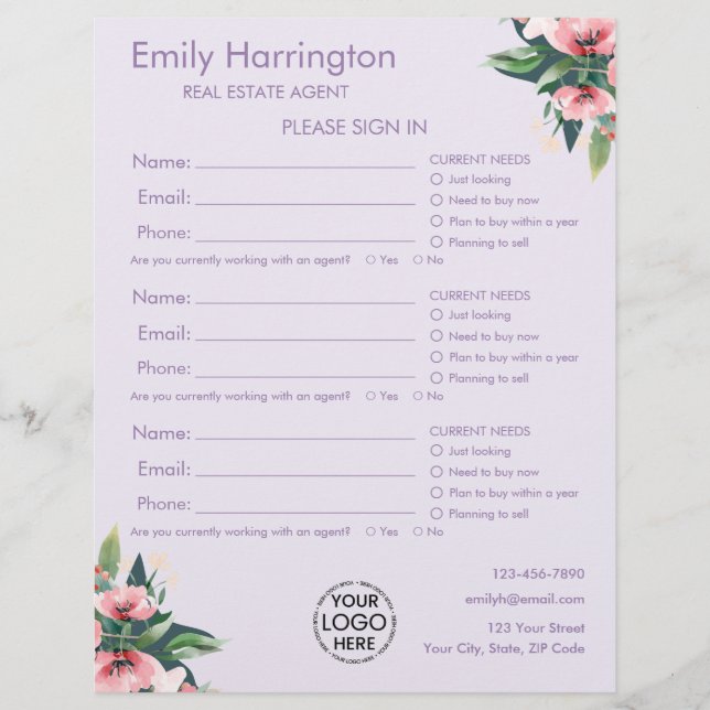 Feuille d'inscription Mauve Blush Bloom pour agent (Devant)