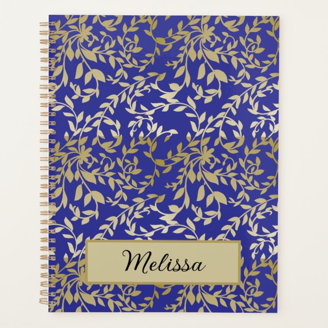 Feuille d'or Botanique Floral Deep Blue Script (Devant)