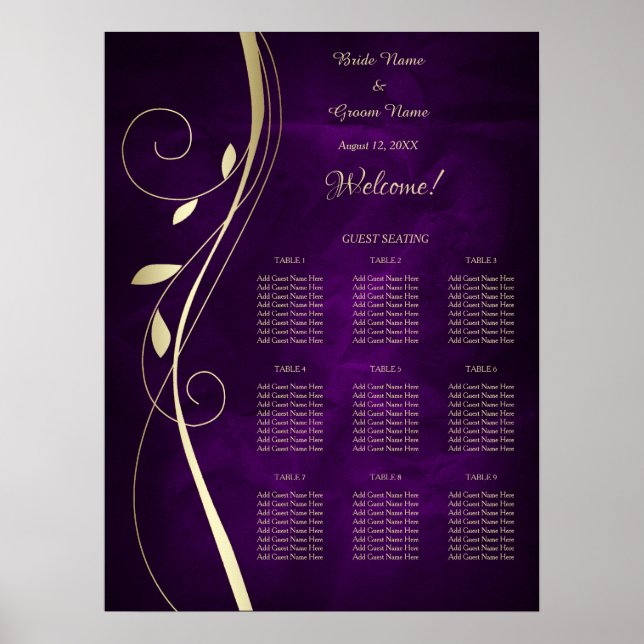 Feuille d'or Mariage pourpre Tableau de sièges (Devant)