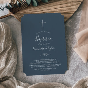 Feuille minimale   Baptême bleu ardoise Invitation