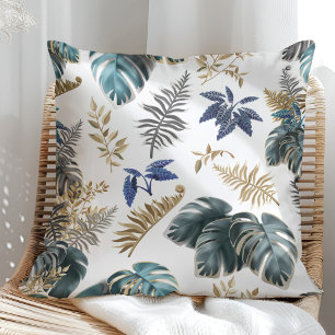 Feuille Motif Tropical Blue et Golden Coussin