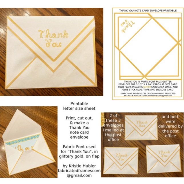 Feuille papier d'enveloppe Carte de remerciements  (Thank You Card Printable Paper Sheet for A2 note card / postcard, with glittery gold Fabric Font)