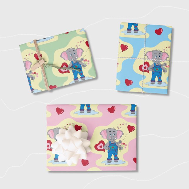 Feuille papier d'enveloppement de Baby shower d'él (Cute baby shower wrapping paper sheets featuring a charming cartoon elephant and hearts pattern .)