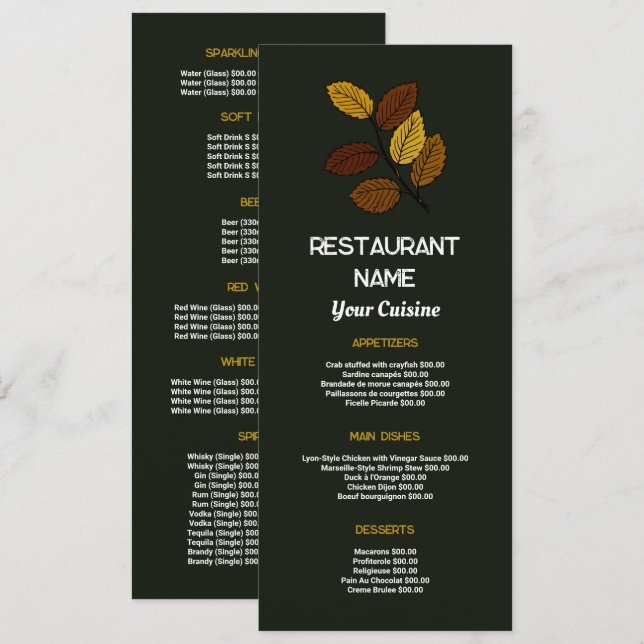 Feuille Rustique, Restaurant Menu Mince (Devant / Derrière)