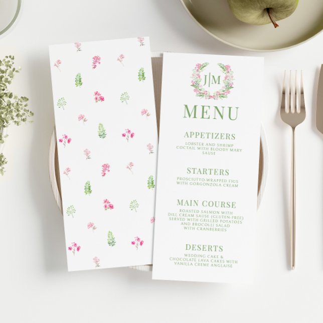Feuille vert Fleurs roses Monogram Mariage Menu (Créateur téléchargé)